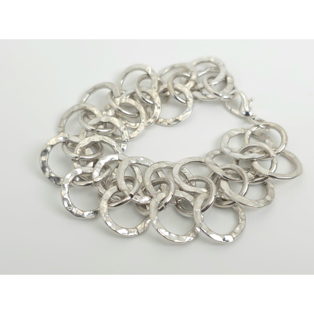 Unique Hammered Circle Link Silver Tone Bracelet – Designer Statement Piece